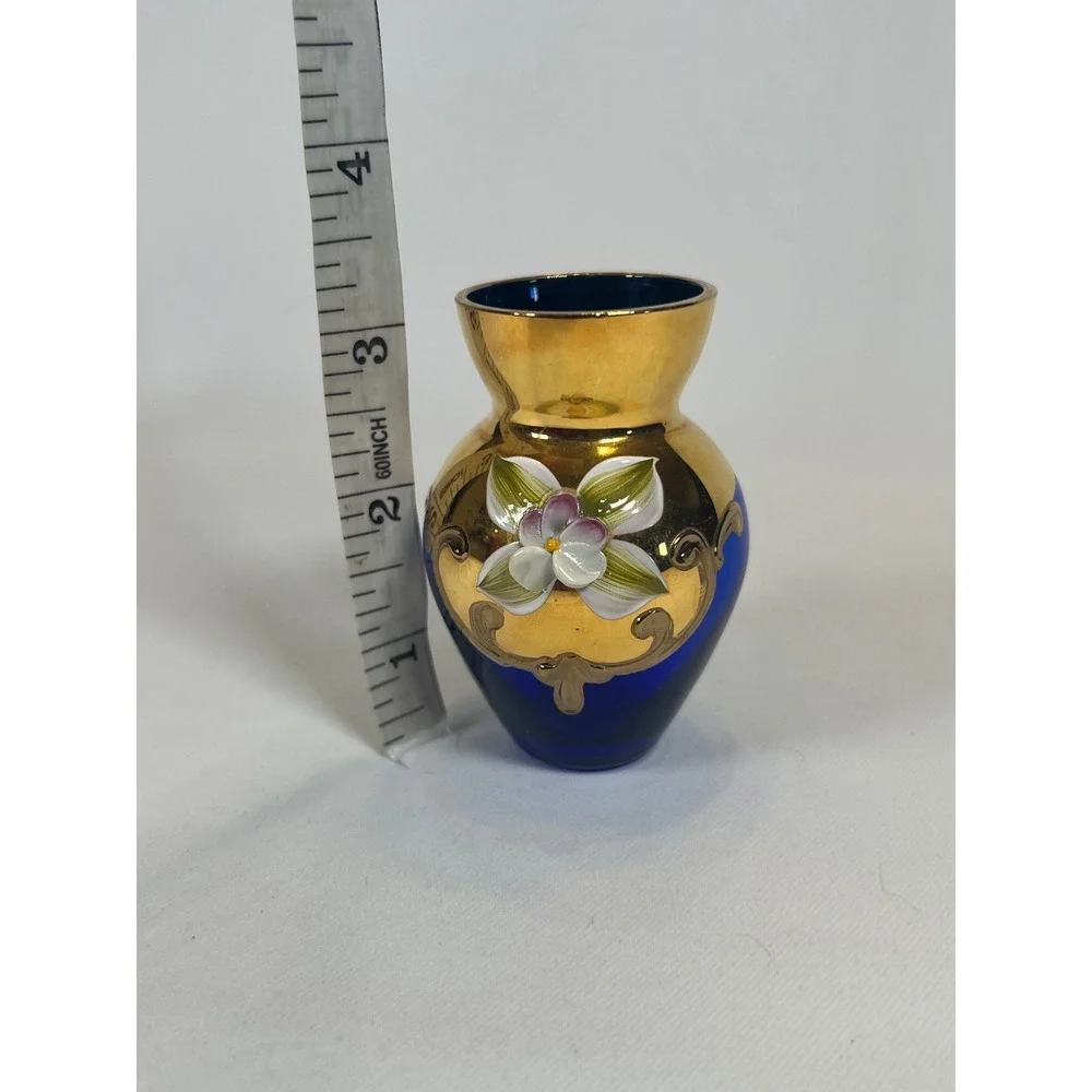 Vintage Murano Style Cobalt Blue Glass Bud Vase 24K Gold Enamel Flower 3.25
